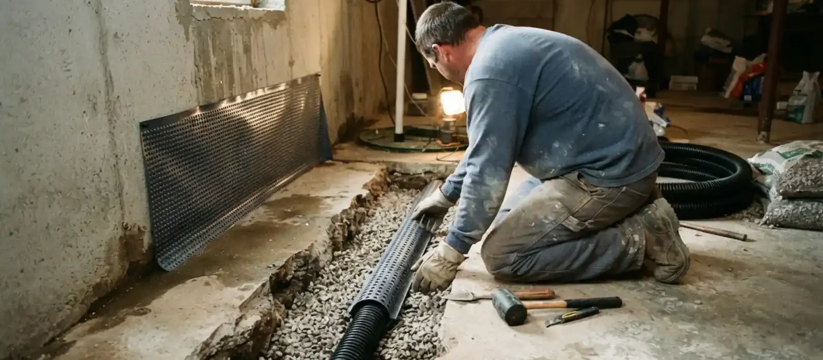 Worker installing a perimeter drain along a basement wall