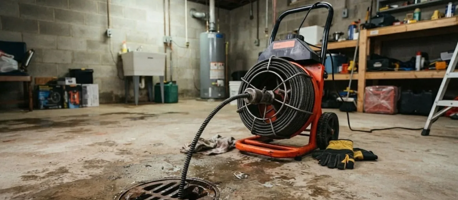 Drain machine and cable set up at a basement floor drain