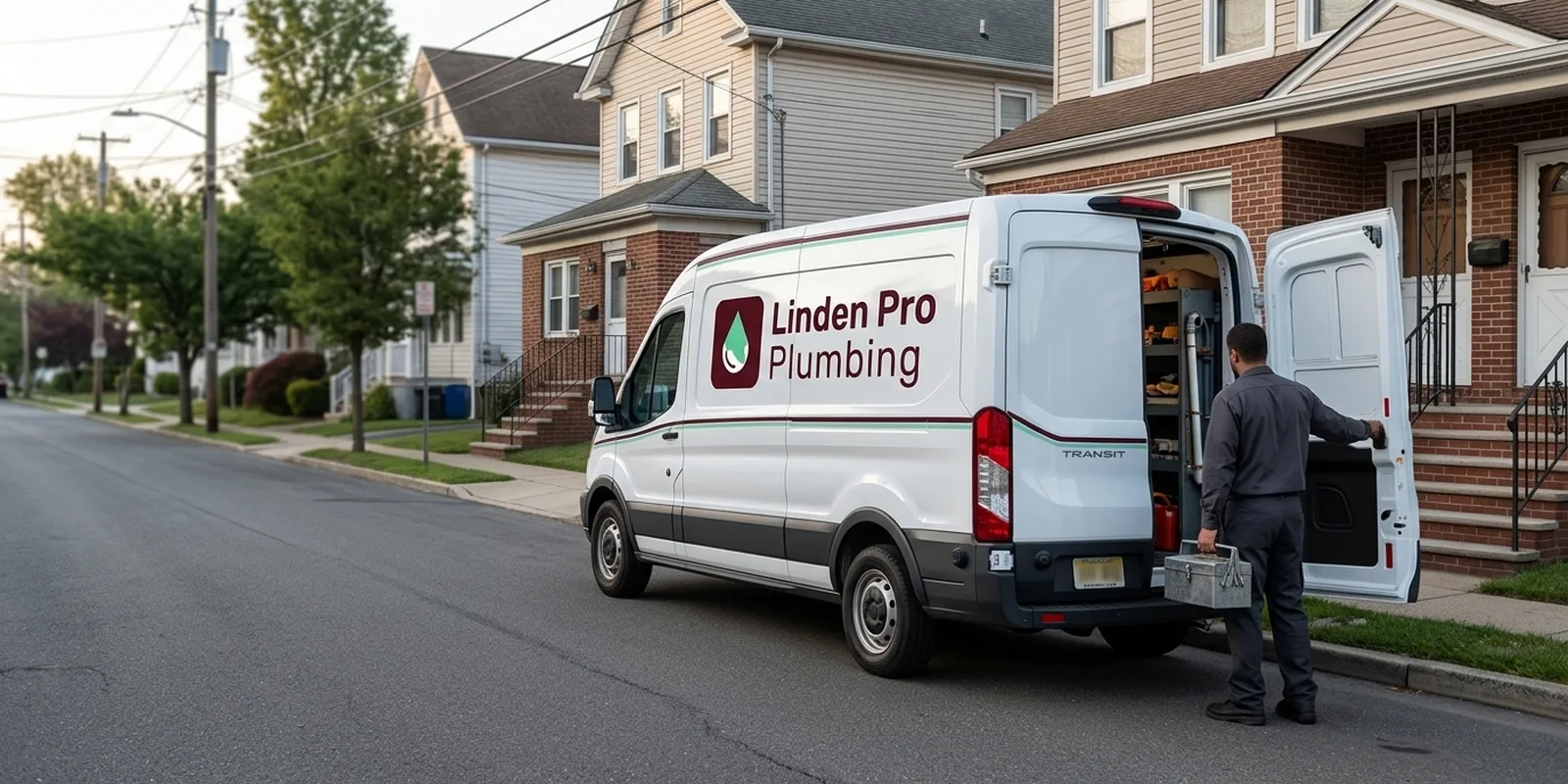 Linden Pro Plumbing service van parked outside a Linden, NJ home while a plumber unloads tools