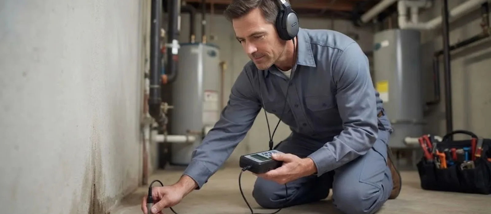 Technician kneeling with a listening device in a basement to find a leak