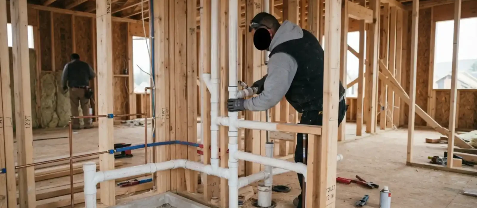 Plumber installing pipes in a framed house