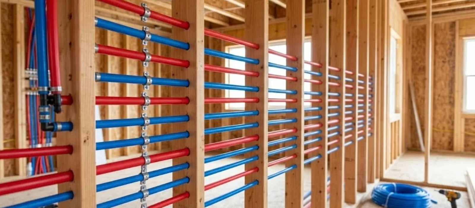 Wall framing with new red and blue PEX supply lines