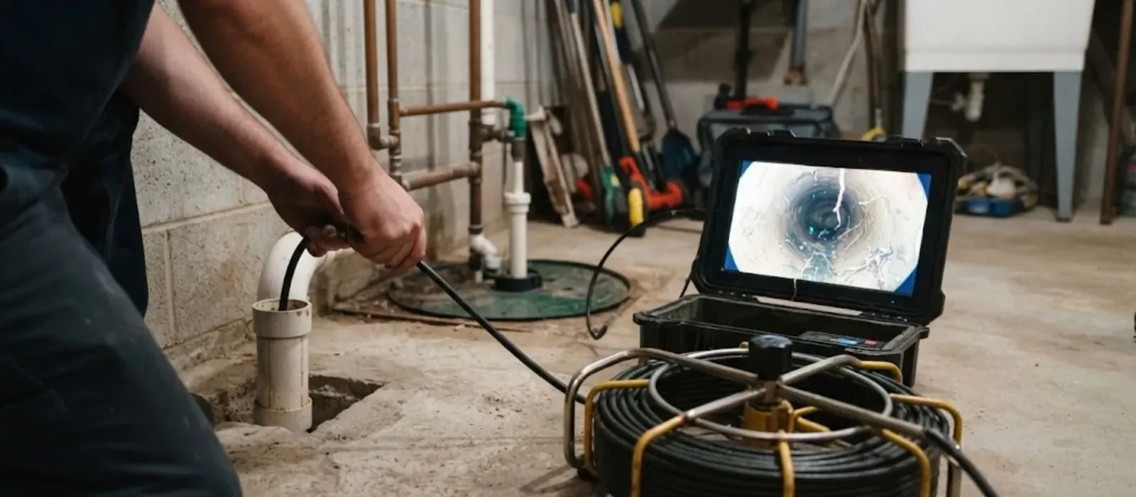 Technician feeding a sewer camera cable with a monitor at a cleanout