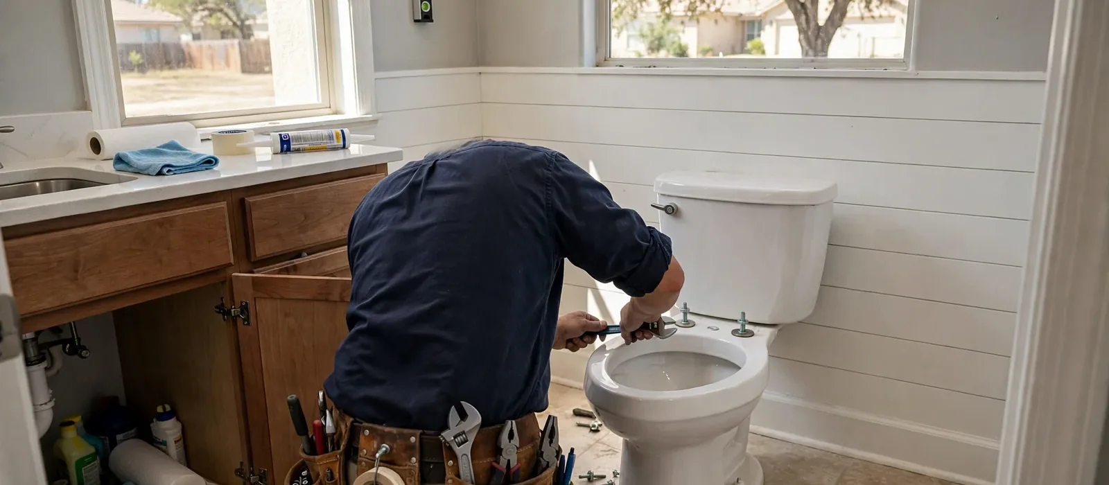 Plumber repairing a toilet in a bathroom